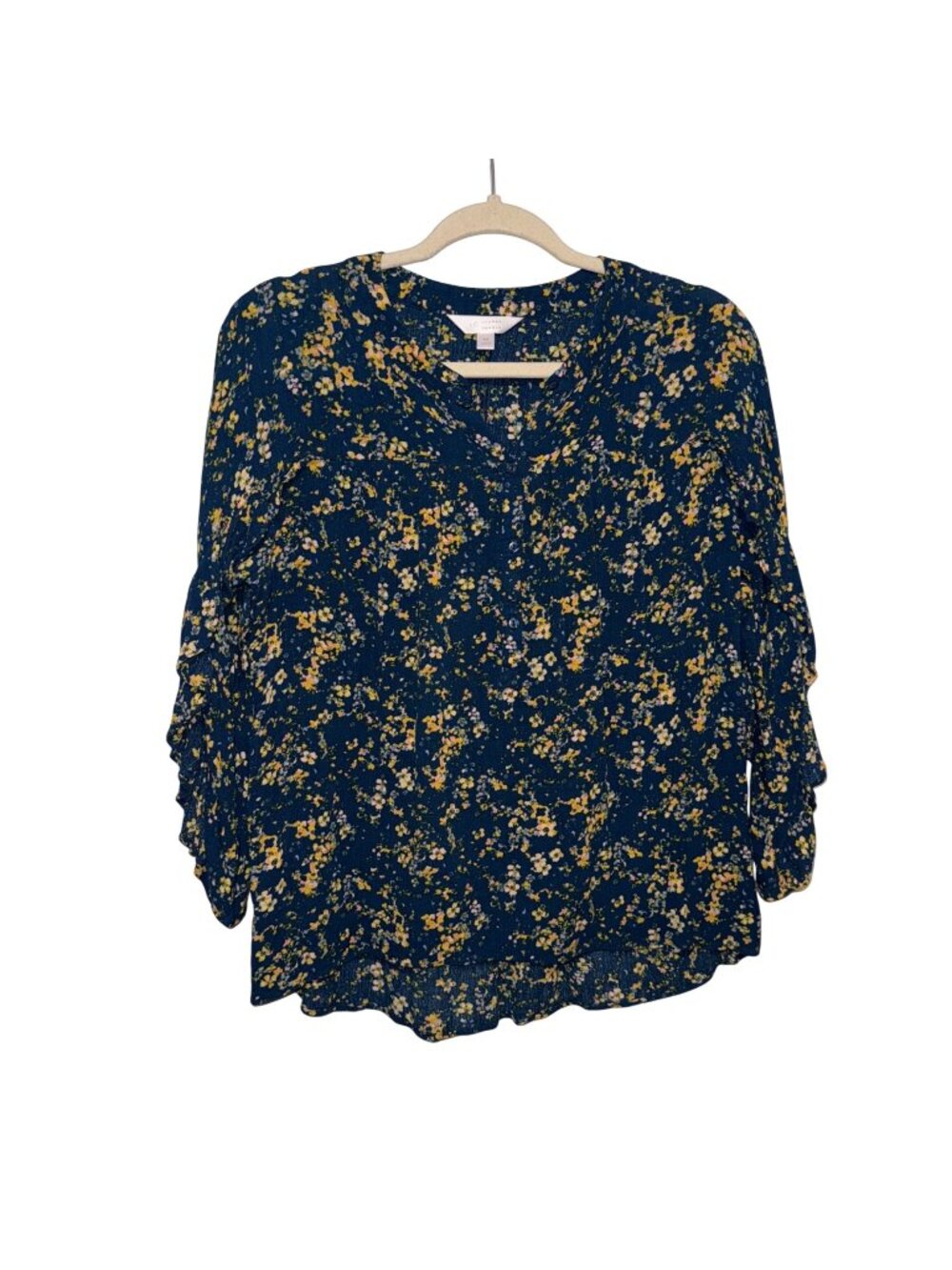 Lauren Conrad Blue Yellow Floral Ruffle Sleeve Blouse Womens M
